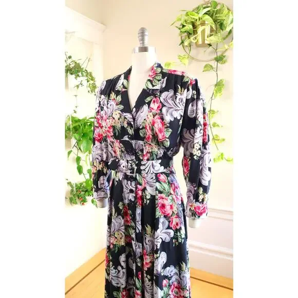 Vintage 1980s Shirt Dress 80s KAREN ALEXANDER Floral Black Maxi Shirtwaist